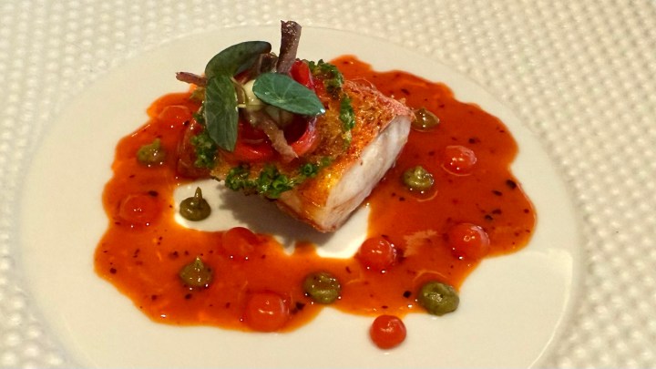 A beautifully plated piece of fish with a crispy skin, garnished with green herbs, red pepper slices, and served on a sauce with vibrant colors and dots of green and red accents.