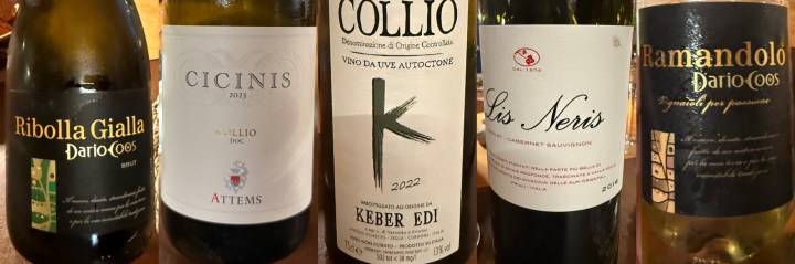 Five wine bottles displayed on a table, including Ribolla Gialla, Cicinis, Collio, Lis Neris, and Ramandolo.