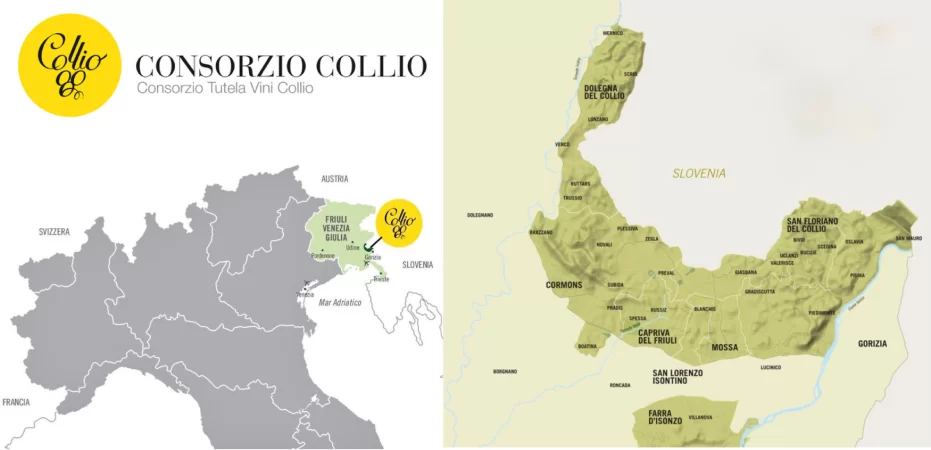 Map showcasing the Collio wine region in Italy, highlighting its location near Slovenia and various municipalities within the region.