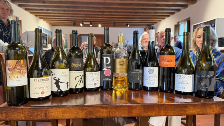 A collection of wine bottles displayed on a wooden table, featuring various labels and styles, with people seated in the background.