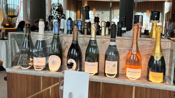A selection of champagne bottles displayed on ice in a restaurant setting.