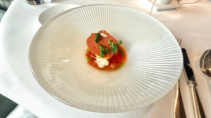 An elegantly plated dish featuring tomato gelée, fresh cheese, and garnished with micro herbs, served in a textured round plate.