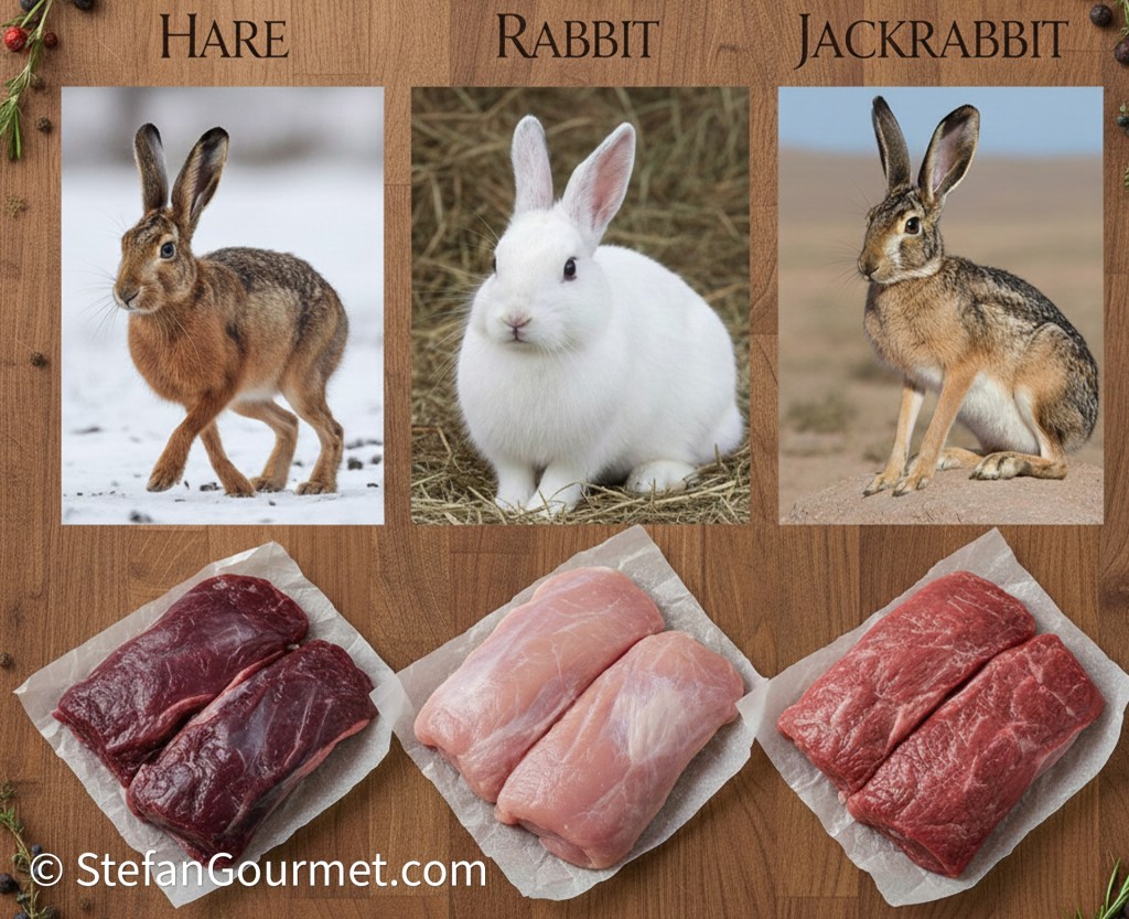 Comparison of hare, rabbit, and jackrabbit species with corresponding cuts of meat displayed.