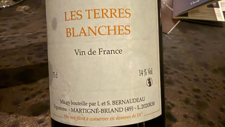 Bottle of 'Les Terres Blanches' wine from Bernaudeau, labeled as Vin de France with 14% alcohol.