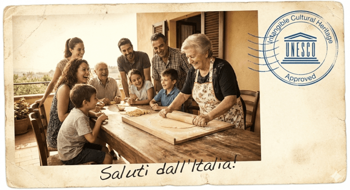 A warm family gathering in Italy, featuring an elderly woman teaching children how to roll dough at a wooden table, surrounded by smiling family members.