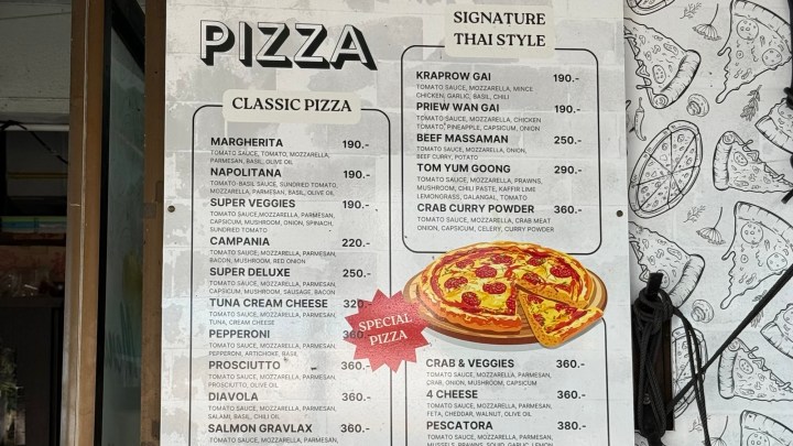 Pizza menu featuring classic and Thai style options, including Margherita, Diavola, and special pizza, with listed prices.