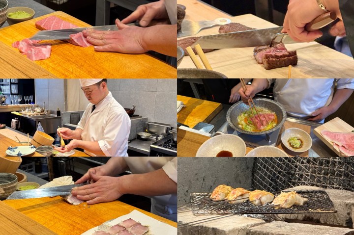 A collage of images showcasing a chef preparing various dishes, including slicing meat, cooking on a stovetop, and plating food. The chef is seen using a knife, chopsticks, and different cooking techniques.