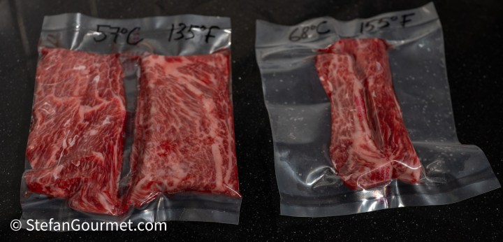 Two vacuum-sealed packages of meat, one labeled 57°C (135°F) on the left and the other labeled 68°C (155°F) on the right, showcasing different cooking temperatures.