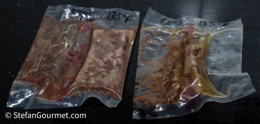 Two vacuum-sealed bags containing cooked meat, one labeled '135F' and the other '155F', displayed on a dark surface.