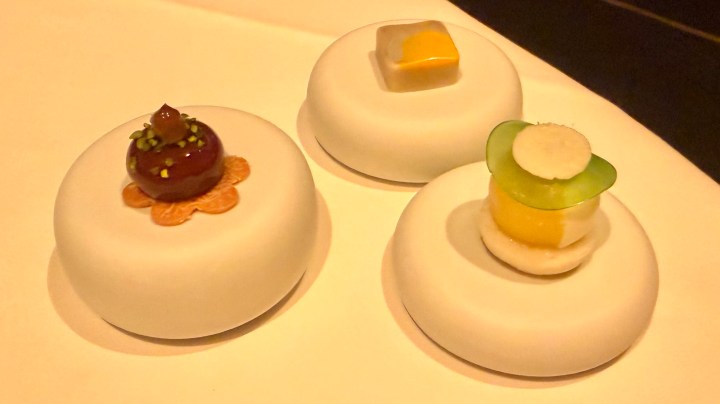 Three elegantly presented gourmet desserts on a white surface, featuring colorful toppings and unique shapes.