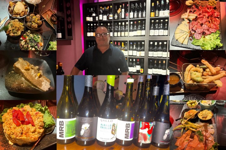 A collage of food dishes, including a variety of appetizers, entrees, and desserts, alongside a selection of wine bottles. A person stands in front of a wine rack in a restaurant setting.