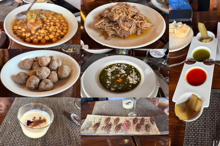 A plate of chickpeas with meat in a rich sauce.