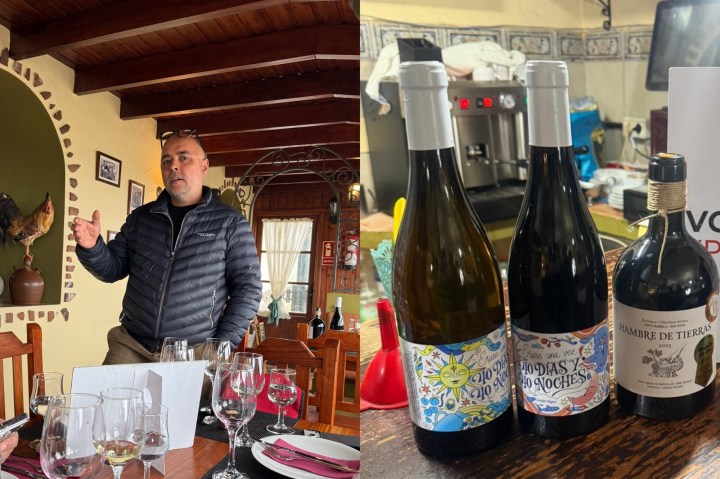 A man in a black jacket standing in a rustic restaurant setting, discussing wine. There are wine glasses and a table set for tasting. Bottles of wine with colorful labels are displayed prominently on the table.