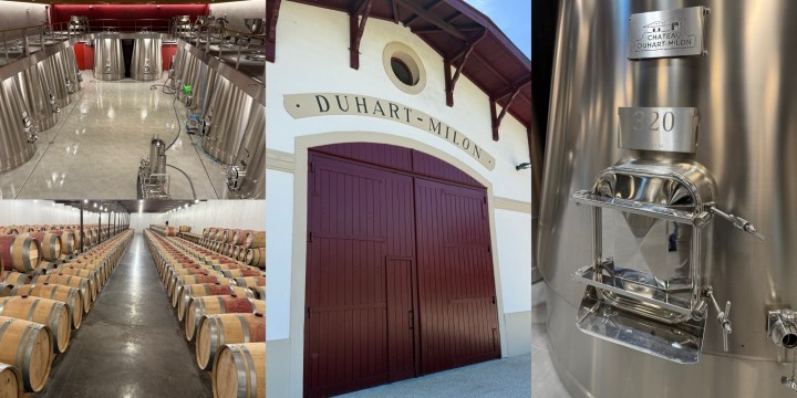 Interior view of a wine cellar with large fermentation tanks and stainless steel equipment.