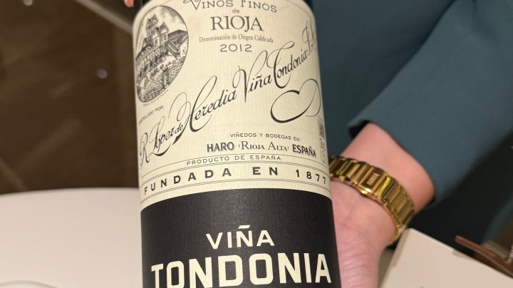 Close-up of a wine bottle label from Viña Tondonia, featuring vintage 2012, from Rioja, Spain, established in 1877.
