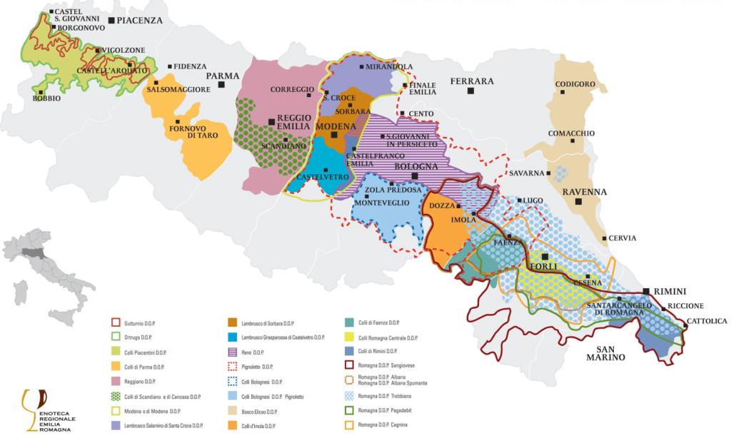 A detailed map of Emilia-Romagna, Italy, highlighting different wine regions and designations including D.O.P. areas. The map includes towns and geographical features, color-coded to indicate various wine classifications.